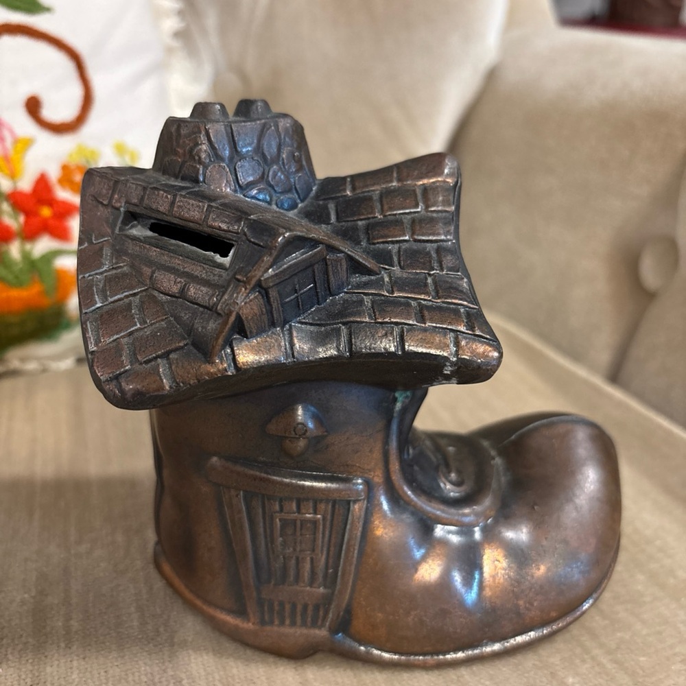 Charming Bronze Boot Coin Bank Mushroom Detail